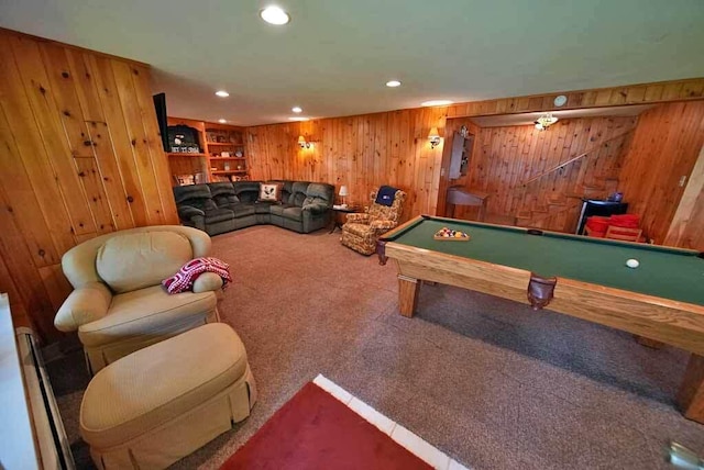 playroom with carpet flooring, billiards, and wooden walls