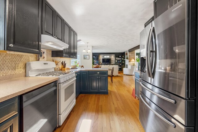 kitchen featuring light hardwood / wood-style flooring, decorative light fixtures, stainless steel appliances, and tasteful backsplash