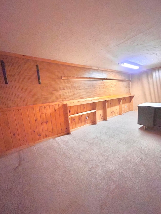 additional living space with wood walls, carpet, and a textured ceiling