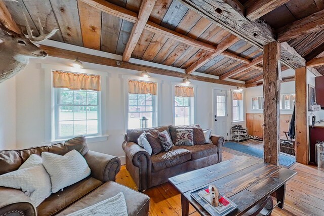 living room featuring wood ceiling, beam ceiling, and light hardwood / wood-style floors