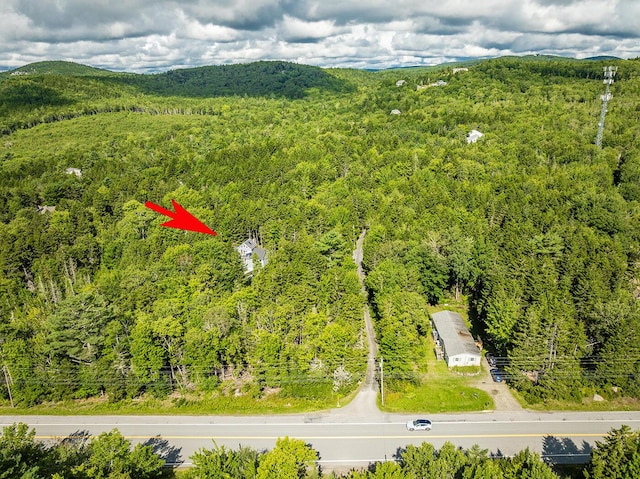 bird's eye view with a wooded view and a mountain view