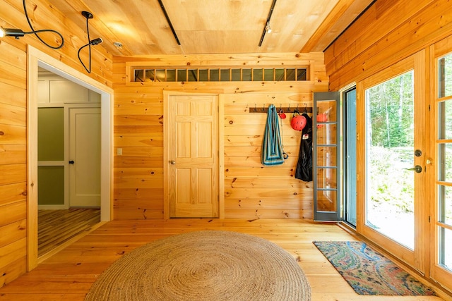 interior space featuring wood walls, track lighting, and wood finished floors