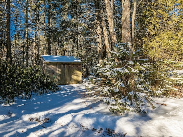 exterior space featuring a storage shed, a view of trees, and an outdoor structure