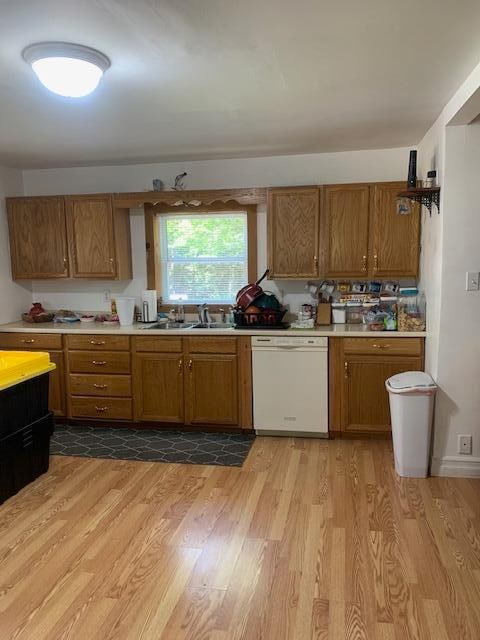 kitchen with light wood-type flooring, sink, and dishwasher