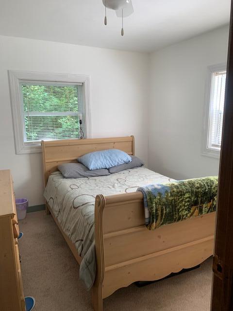 bedroom with ceiling fan and carpet flooring