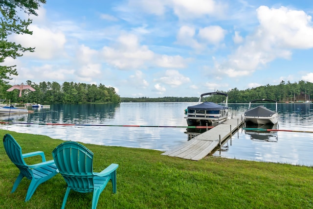 dock area with a water view and a lawn