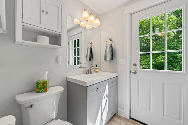 bathroom with vanity, toilet, and hardwood / wood-style flooring