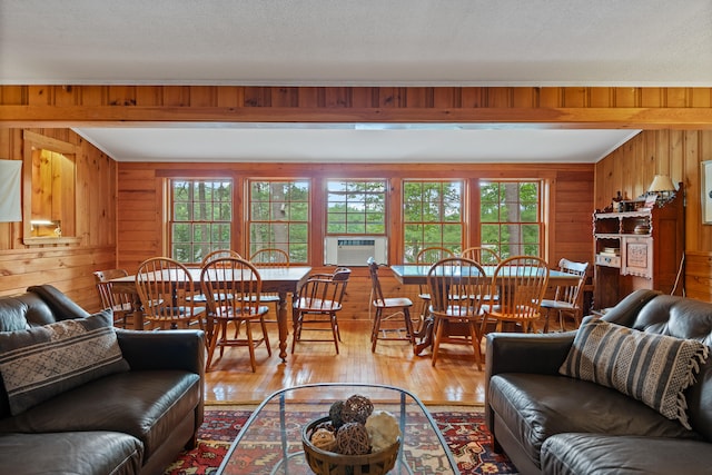 living room featuring wood walls, plenty of natural light, and light wood-type flooring