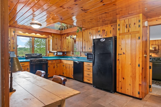 kitchen featuring sink, wood walls, black appliances, and wooden ceiling