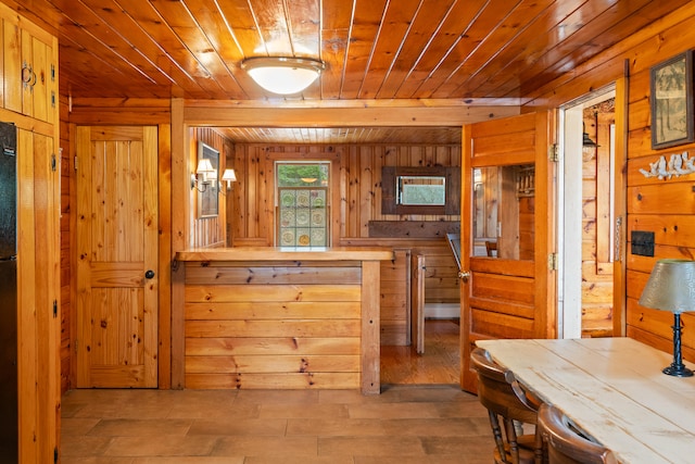 kitchen featuring wooden ceiling, wooden walls, and hardwood / wood-style floors