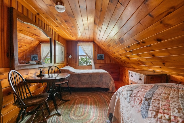 bedroom with wooden walls, lofted ceiling, and wooden ceiling