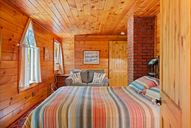 bedroom featuring wood walls, brick wall, and wooden ceiling