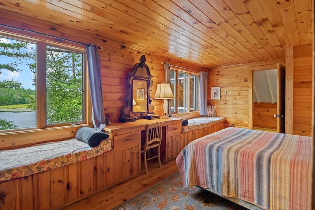 bedroom with multiple windows, hardwood / wood-style floors, and wood ceiling