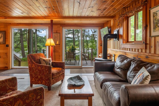 living room featuring plenty of natural light, wooden ceiling, and a wood stove