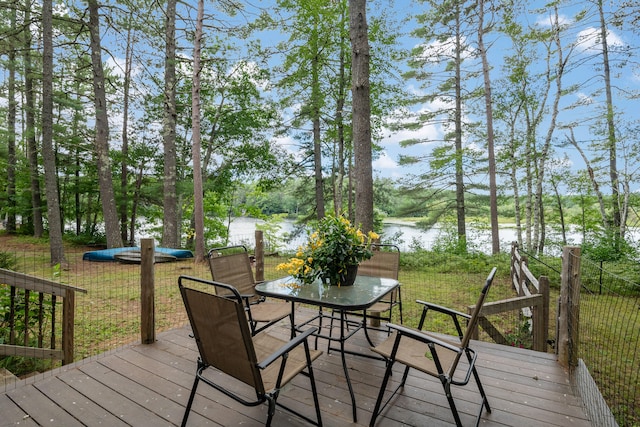 wooden terrace featuring a water view