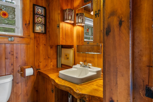 bathroom with sink, wooden walls, and toilet