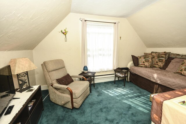 interior space featuring lofted ceiling and dark carpet