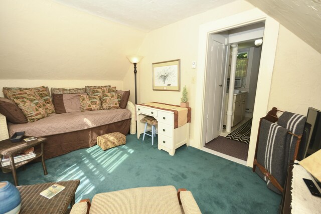 living area with dark carpet and lofted ceiling