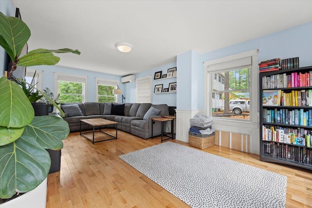 living room with an AC wall unit and hardwood / wood-style floors