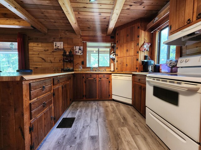 kitchen featuring light hardwood / wood-style floors, sink, white appliances, wooden ceiling, and wooden walls