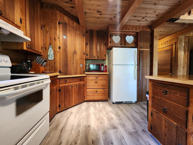 kitchen featuring white appliances, light hardwood / wood-style flooring, wooden walls, wood ceiling, and beam ceiling