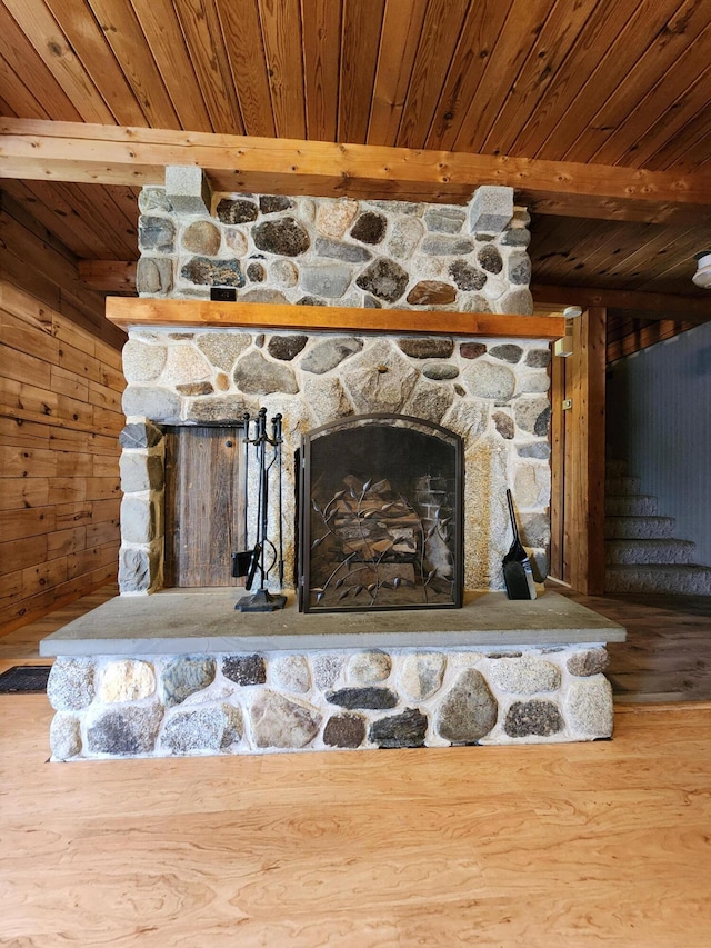 details with a fireplace, beamed ceiling, wood-type flooring, and wood walls