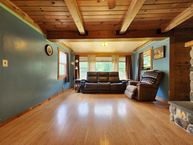 living room featuring beam ceiling, light wood-type flooring, and wood ceiling