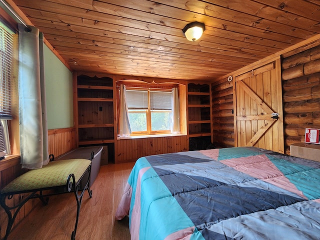 bedroom featuring wood-type flooring and wooden ceiling