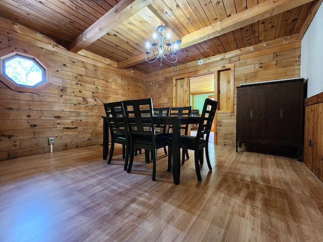 dining room featuring light hardwood / wood-style flooring, a chandelier, wood walls, wooden ceiling, and beam ceiling