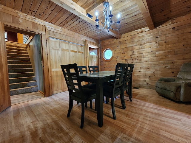 dining space featuring hardwood / wood-style flooring, wooden walls, a chandelier, wood ceiling, and beamed ceiling