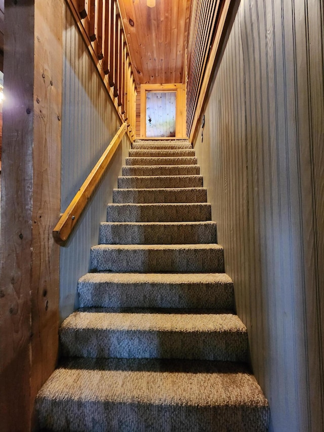 staircase with wood walls and wooden ceiling