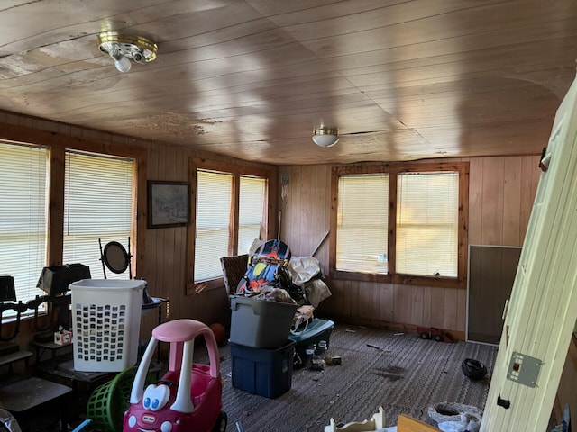 interior space featuring wooden ceiling and wooden walls