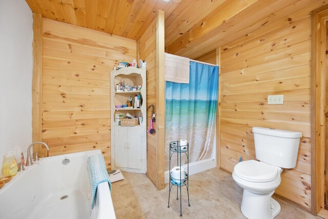 bathroom with wood ceiling, wood walls, and toilet