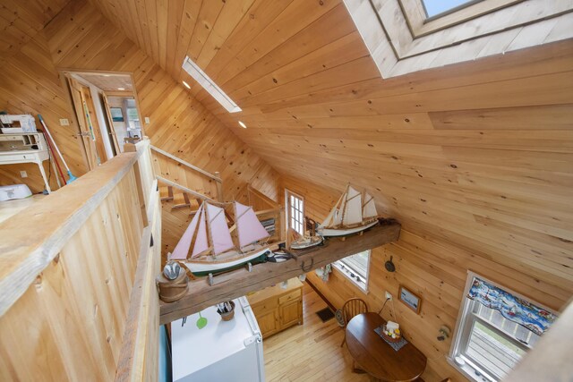 details with wood-type flooring, a skylight, wooden walls, and wood ceiling