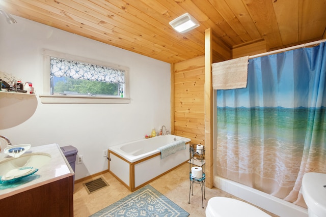 bathroom with wooden walls, vanity, wood ceiling, and toilet