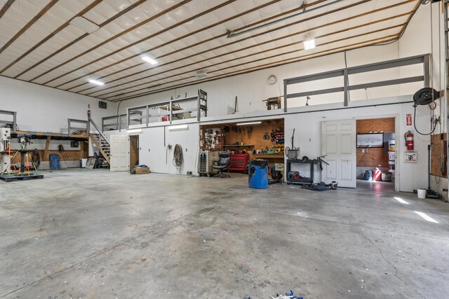 garage with a workshop area