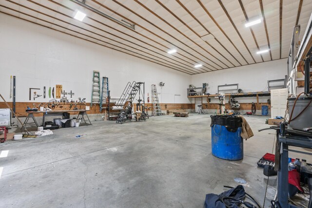 garage with a workshop area