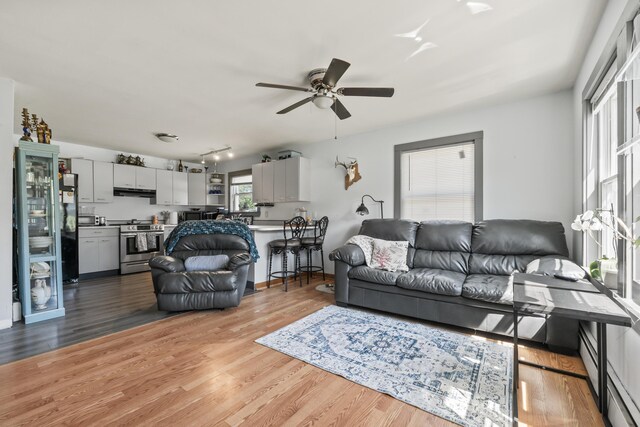 living room featuring light hardwood / wood-style flooring, ceiling fan, a baseboard heating unit, and track lighting