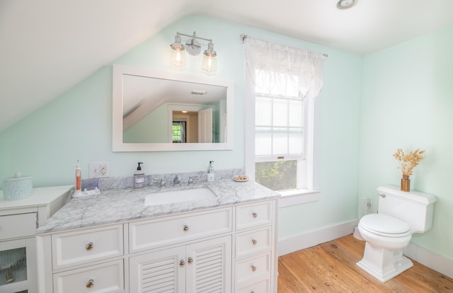 bathroom featuring toilet, vaulted ceiling, wood-type flooring, and vanity