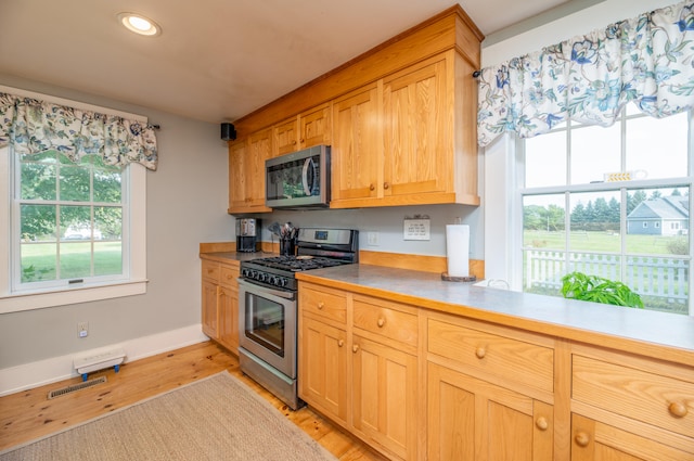 kitchen featuring light hardwood / wood-style floors and appliances with stainless steel finishes