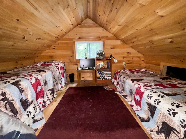 bedroom featuring vaulted ceiling, wooden ceiling, and hardwood / wood-style floors