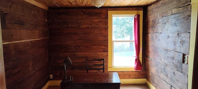 interior space featuring wooden ceiling and wooden walls