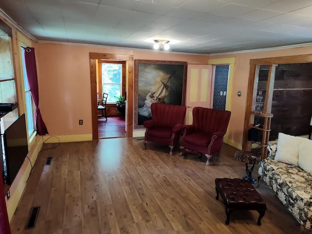 living room featuring crown molding and wood-type flooring