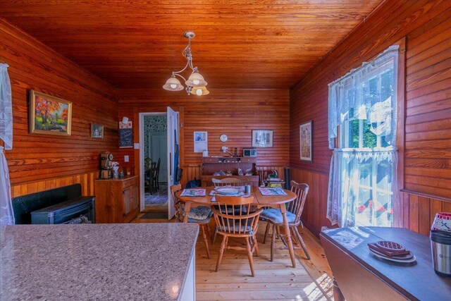 dining space featuring wooden walls, an inviting chandelier, light hardwood / wood-style floors, and wooden ceiling