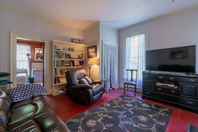 292300 Main Rd, Islesboro, ME 04848 - living room with a baseboard radiator, baseboards, ornamental molding, wood finished floors, and wallpapered walls