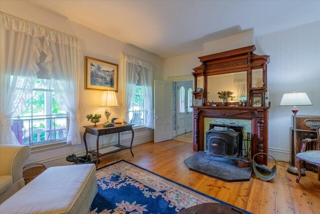 interior space featuring a fireplace, a wood stove, and wood-type flooring