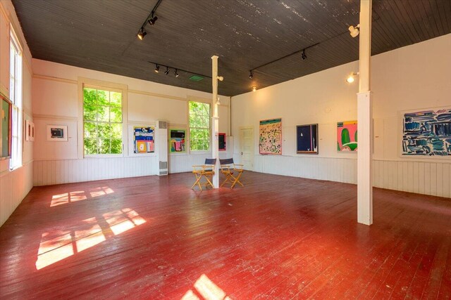 interior space featuring hardwood / wood-style floors, rail lighting, and a towering ceiling