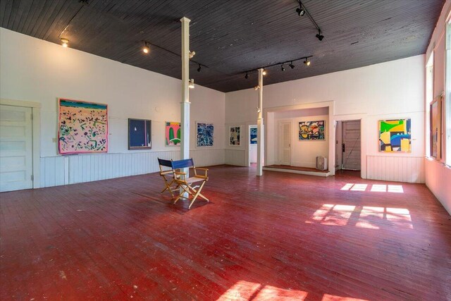 interior space featuring a towering ceiling, track lighting, and hardwood / wood-style floors