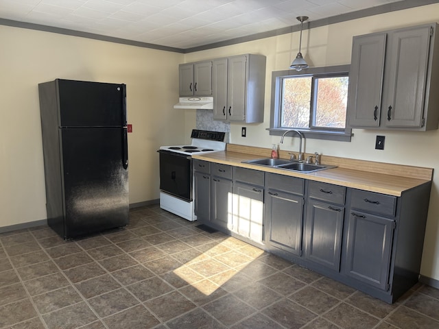 kitchen featuring gray cabinetry, sink, white electric range, black fridge, and pendant lighting