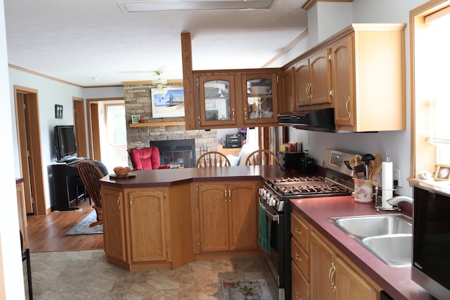 kitchen featuring light wood-type flooring, stainless steel range with gas cooktop, ornamental molding, sink, and a stone fireplace